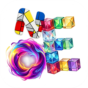 Neodesign-Social-Media-Grafikdesign-und-Illustration – die drei Buchstaben NEO, das N in Mondrian-Optik, das E aus bunten Glassteinen und das O wie ein Farbstrudel