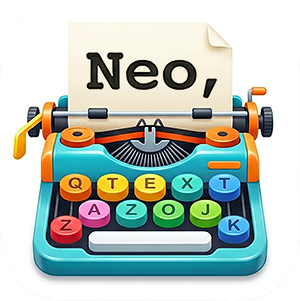 Neodesign-Social-Media-Text-und-Copywriting – Icon mit Schreibmaschine, in die ein Blatt Papier eingespannt ist, auf dem „Neo,“ geschrieben steht.